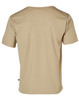 A beige short-sleeved work t-shirt with a branded logo on the lower side and striped detailing on the shoulders.