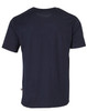 A navy blue short-sleeve work t-shirt featuring a logo on the side. The back view highlights its simple design.