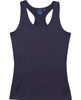 A fitted stretch singlet in navy blue with a racerback design and a small tag inside.