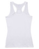 A white ladies' fitted stretch singlet with a racerback design and a logo on the backside.