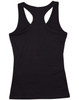 A black ladies' fitted stretch singlet with a racerback design, featuring a logo.