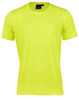 A bright yellow short-sleeved men's T-shirt with a round neck and a logo on the label.