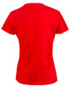 A red ladies' cotton semi-fitted tee with short sleeves and a plain back. It features a logo.
