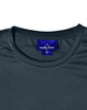 A close-up of a dark grey men's lightweight performance short-sleeve tee with a logo tag at the neckline.
