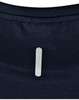 A navy blue short-sleeve performance tee featuring a logo on the back collar.