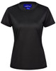 A black ladies' short-sleeve performance T-shirt with a round neckline and a branded label.