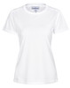 A white short-sleeve women's performance t-shirt featuring a simple design and a logo.