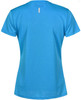 A blue ladies' short sleeve performance t-shirt with a plain back design. Features a logo on the fabric.