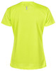 A bright yellow women's short-sleeve performance t-shirt with a logo on the back.