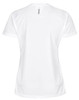 A white short-sleeve performance T-shirt with a sleek design and a logo on the back.