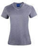 A grey short sleeve tee with a V-neck design, featuring a branding logo on the neckline.