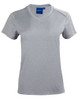 A grey short sleeve tee with a v-neck design, featuring a logo on the neckline. 