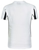 A white men's T-shirt with black accent stripes on the sides and a logo on the back.