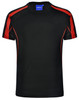A black T-shirt with red accents and short sleeves, featuring a logo on the collar.