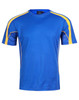A blue short-sleeved T-shirt with yellow accents and a logo on the upper left.