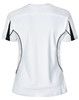 A white ladies' short-sleeve T-shirt with black accents and mesh detailing on the sides, featuring a logo.