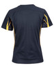 A navy blue ladies' t-shirt featuring yellow accents on the sides and a crew neck design. It has a logo on the back.
