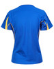 A blue t-shirt with yellow accents, featuring short sleeves and a relaxed fit, back view displayed.