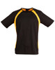 A black and yellow men's t-shirt with short sleeves and a logo on the label.