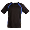 A black men's t-shirt featuring blue accents and a logo, with short sleeves and a round neckline.