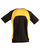A short-sleeved men's tee shirt featuring a black and yellow design, with a mesh upper section and a branded logo.