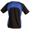 A black and blue men's t-shirt with a sporty design and a logo on the back.
