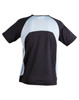 A black and light blue men's t-shirt with a sporty design and a logo on the front.