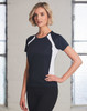 A navy and white ladies' tee shirt with a fitted design, featuring a logo on the chest area.