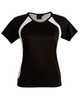 A black and white ladies' t-shirt featuring short sleeves and a sporty design, with a logo on the upper part.
