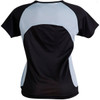 A black and light blue ladies' tee shirt featuring a stylish design and mesh detailing on the back.
