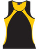 A black and yellow ladies' sprint singlet featuring a logo, designed as a sleeveless athletic top.