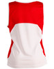 A red and white ladies' sprint singlet featuring a mesh design and a logo on the back.