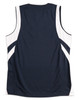 A navy blue adults' basketball singlet with white mesh panels and stripes, featuring a logo on the back.