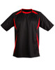 A black and red kid's soccer jersey with short sleeves and a logo on the front.
