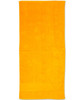 A bright yellow terry velour beach towel, measuring 75x150 cm, featuring a simple design and a logo.
