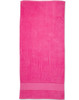 A pink terry velour beach towel, sized 75x150 cm, featuring a solid design and a subtle logo.