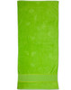 A bright green terry velour beach towel measuring 75x150 cm, featuring a simple design and a branding logo.