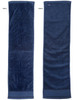 A dark navy terry velour fitness towel, measuring 110x30 cm, featuring two sides with a subtle sheen and a logo.