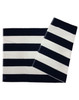 A striped beach towel featuring navy blue and white stripes, with a logo in one corner.