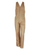 A beige cotton drill overall with a V-neck design and multiple pockets, featuring a logo on the chest.