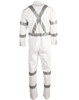 A white coverall with grey reflective stripes, featuring a logo and designed for night safety.