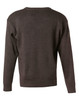 A grey V neck wool and acrylic knit jumper viewed from the back, featuring a simple design and long sleeves.
