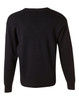 A black V-neck wool and acrylic knit jumper with long sleeves and ribbed hem. Features a logo on the back.