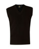 A dark green v-neck wool and acrylic knit vest with no sleeves and a ribbed hem, featuring a logo label inside.