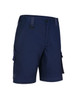 Unisex navy utility stretch cargo work shorts featuring side pockets and a belt loop. Includes branding elements.