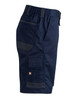 Unisex utility stretch cargo work shorts in navy blue, featuring multiple pockets and an adjustable waistband.