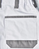 A pair of white unisex cargo work pants featuring grey accents and a large back pocket.