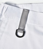 A close-up of a white unisex utility stretch cargo work pant featuring a silver loop and waistband detail.