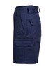 A navy heavy cotton drill short with multiple pockets, featuring a logo. Designed for durability and functionality.