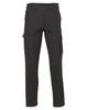 A pair of regular fit black cargo pants with drill pant pockets on the legs and a logo present.